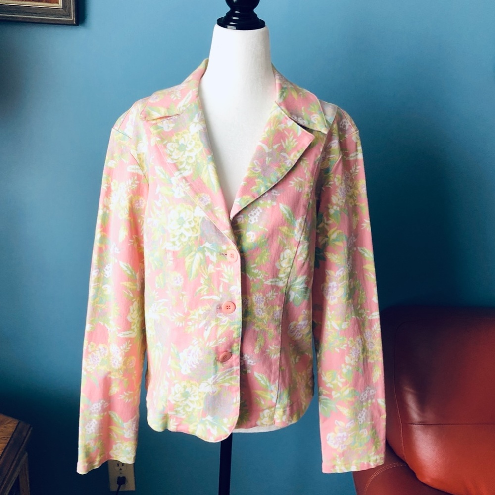 Vintage 90s FDJ  pastel flowers denim blazer jacket made in Canada EUC